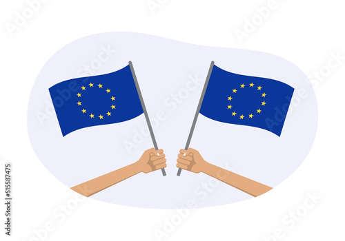 EU waving flag icon or badge. Hand holding European union flags. Europe symbol. Vector illustration.