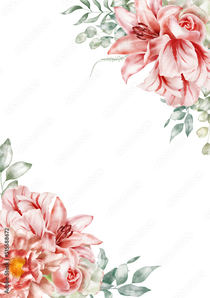 Naklejka premium Watercolor floral frame. Tulip, peony, rose, lily, hydrangea, collection garden pink flowers, green leaves, branches, Botanic illustration isolated on white background for wedding design.