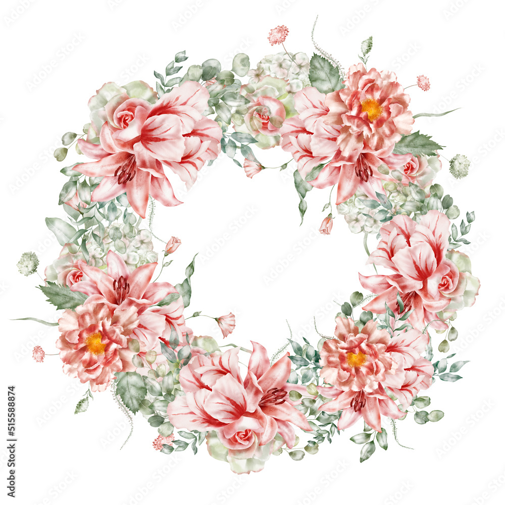 Watercolor floral wreath. Tulip, peony, rose, lily, hydrangea, collection garden pink flowers, green leaves, branches, Botanic illustration isolated on white background for wedding design.