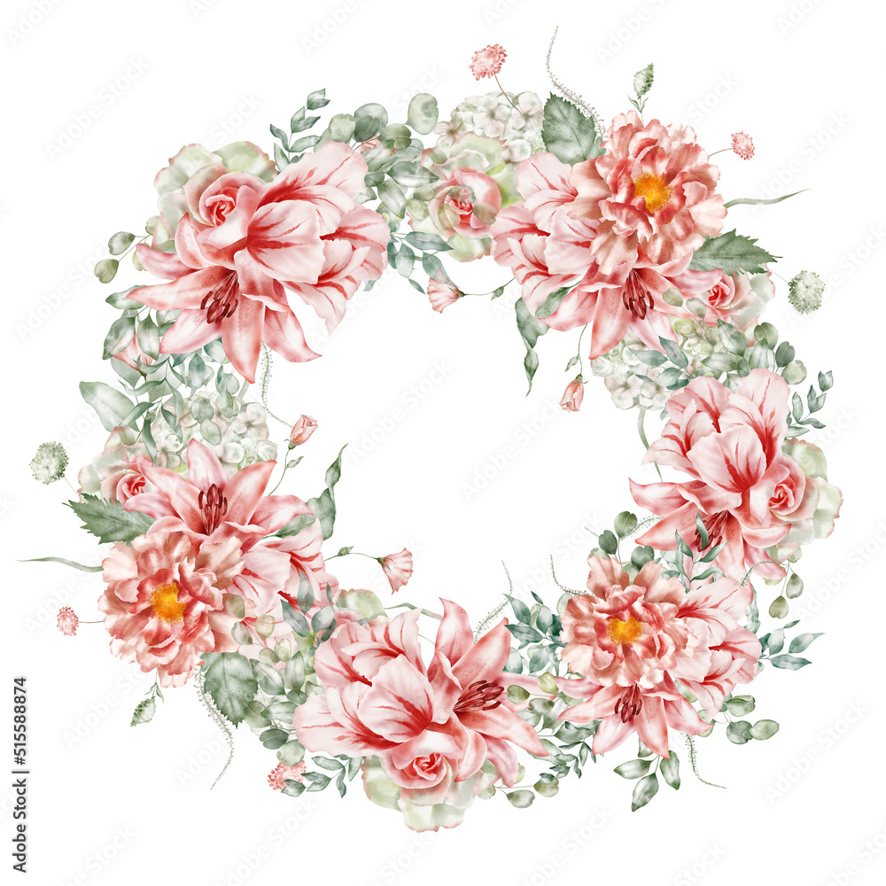 Obraz premium Watercolor floral wreath. Tulip, peony, rose, lily, hydrangea, collection garden pink flowers, green leaves, branches, Botanic illustration isolated on white background for wedding design.
