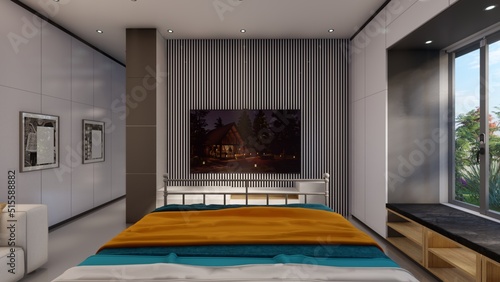tv mock up on the white wall and cabinet Bedroom interior design 3d illustration
