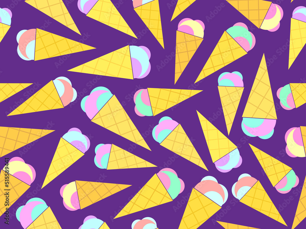 Obraz premium Ice cream cone seamless pattern. Ice cream in a wafer-style cone. Summer background with ice cream in pop art style. Design for banners, promotional products and wrapping paper. Vector illustration