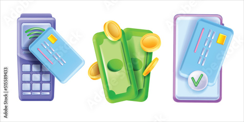 3D payment option icon set, vector pos terminal, bank credit card, smartphone screen, cash bill. Different transaction type kit, online purchase, currency approved internet transfer. Payment option
