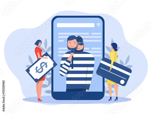 Criminal hacker holding friends mask for hacking on mobile phone screen stealing money ,cyber crime, theft of personal data, password, credit card flat vector illustration.