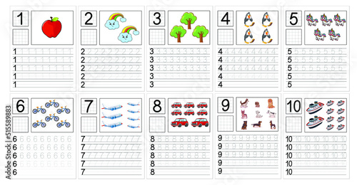 Kids learning material. Worksheet for learning numbers, Connecting dot, exercise for kindergarten and preschool kids illustration, vector