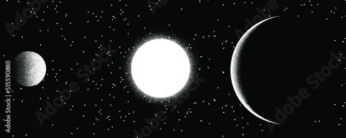 Star and planet in space. Futuristic landscape, with noise texture . Night landscape with starry sky .Vector illustration