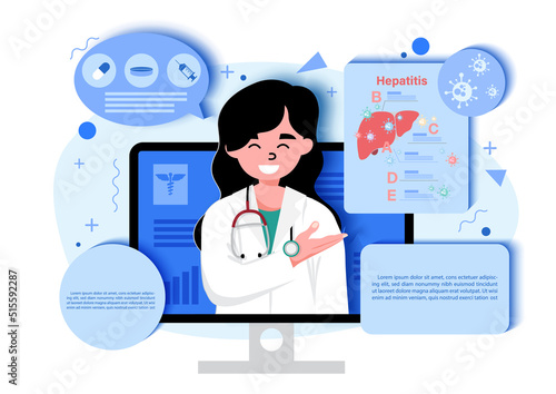 Doctor in cartoon character explaining about hepatitis on the computer screen with example texts on white background. World hepatitis day's poster campaign in papercut style and vector design.