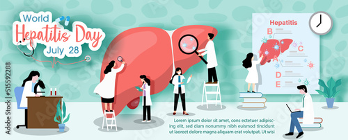 Concept of hepatitis A, B, C, D, and world hepatitis day campaign's poster with group of doctors treat the liver in banner and vector design.