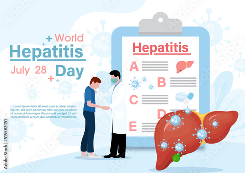 Doctor and patient in cartoon character with giant information of hepatitis's clip board and example texts on abstract pattern and blue background. World hepatitis day's poster campaign in flat style
