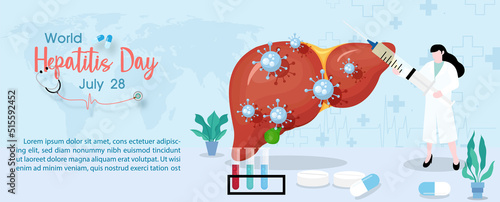 Concept of hepatitis A, B, C, D, and world hepatitis day campaign's poster with doctors treat the liver in flat style and banner vector design.