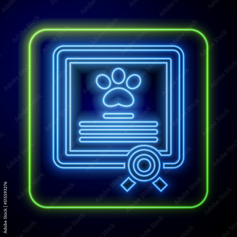 Glowing neon Medical certificate for travel with dog or cat icon isolated on blue background. Document for pet. Dog or cat paw print. Vector Glowing neon Medical certificate for travel with dog or cat icon isolated on blue background. Document for pet. Dog or cat paw print. Vector