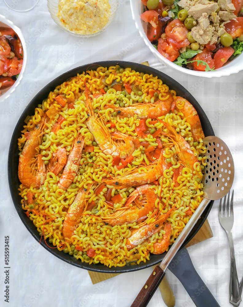 Spanish seafood fideua. Spanish seafood Noodle Paella. Typical and summery dish from the Gandia, Valencia, Spain