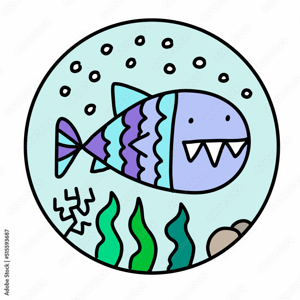 Obraz premium Fish crazy monster hand drawn vector icon logotype in cartoon doodle style