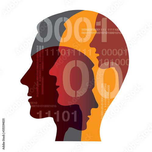 
Men with binary codes,computer experts .
Illustration of stylized Male heads silhouettes of young men, programmers. Isolated on white background. Vector available