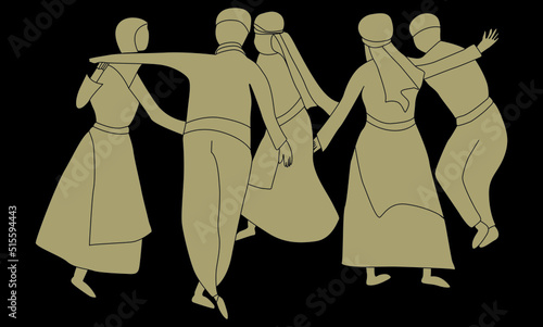 Vector drawing of dancing men and women dressed in traditional anatolian local outfit dress. Living together in peace between friends. 