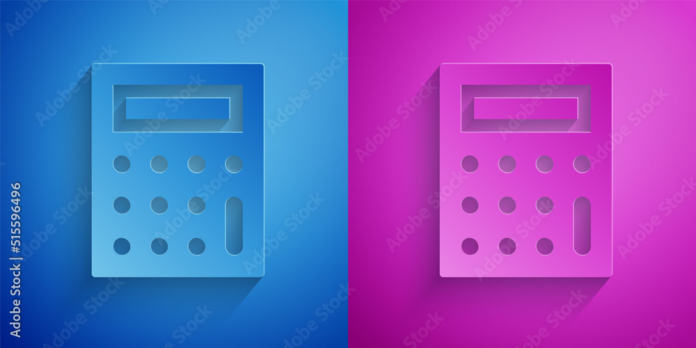 Paper cut Calculator icon isolated on blue and purple background. Accounting symbol. Business calculations mathematics education and finance. Paper art style. Vector Paper cut Calculator icon isolated on blue and purple background. Accounting symbol. Business calculations mathematics education and finance. Paper art style. Vector