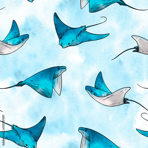 Watercolor skate fish pattern. Colorful seamless pattern. Perfect for greetings, invitations, manufacture wrapping paper, textile and web design. Watercolor ocean pattern.