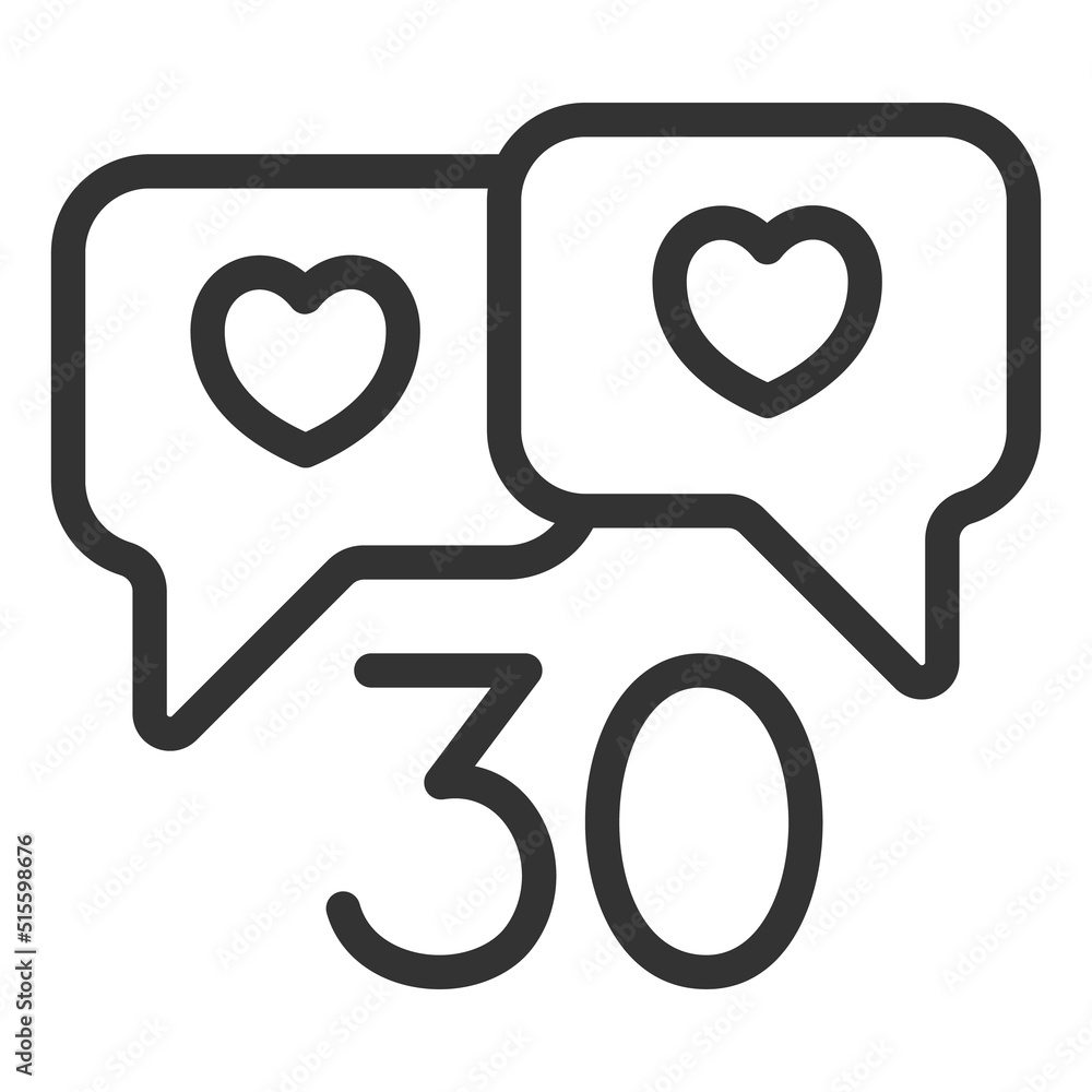 Two dialogues with hearts, love communication and the inscription 30, 30 years of age for relationships - vector sign, web icon, illustration on a white background, outline style
