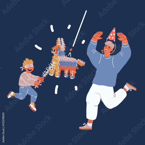 Cartoon vector illustration of Father and son at party hitting a pinata