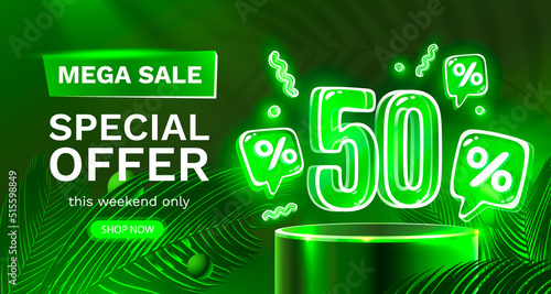 Mega sale special offer, Neon 50 off sale banner. Sign board promotion. Vector