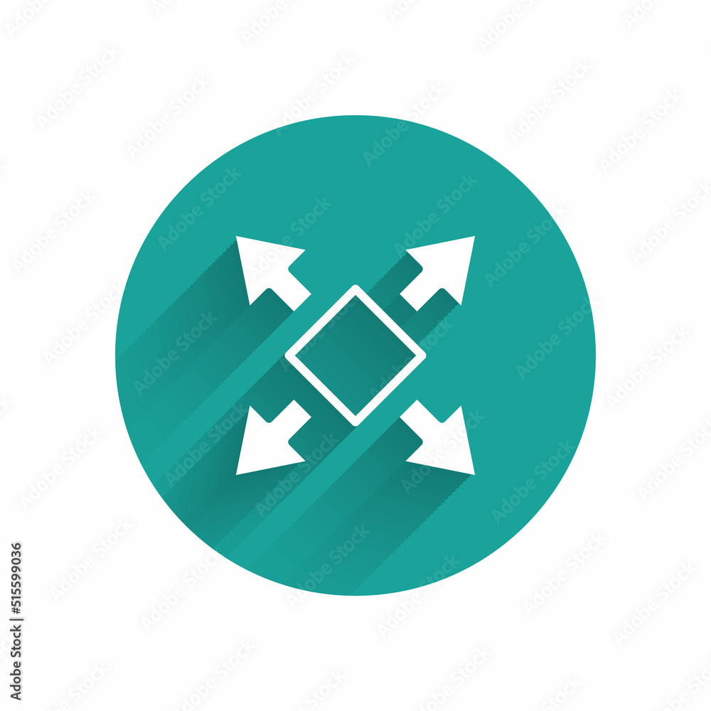 White Many ways directional arrow icon isolated with long shadow background. Green circle button. Vector White Many ways directional arrow icon isolated with long shadow background. Green circle button. Vector