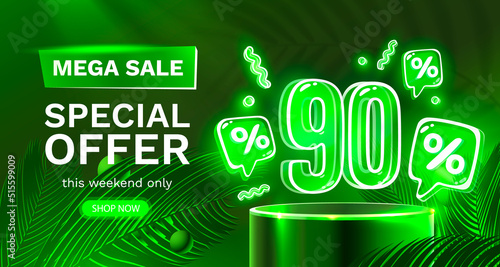 Mega sale special offer, Neon 90 off sale banner. Sign board promotion. Vector