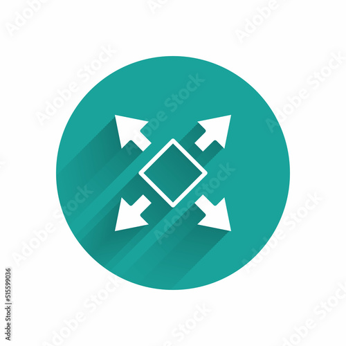 White Many ways directional arrow icon isolated with long shadow background. Green circle button. Vector
