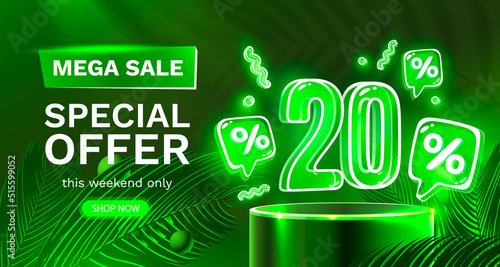 Mega sale special offer, Neon 20 off sale banner. Sign board promotion. Vector