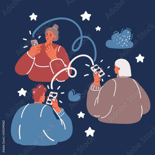 Cartoon vector illustration of friends or collegues using smart phones and make conversaton each other.