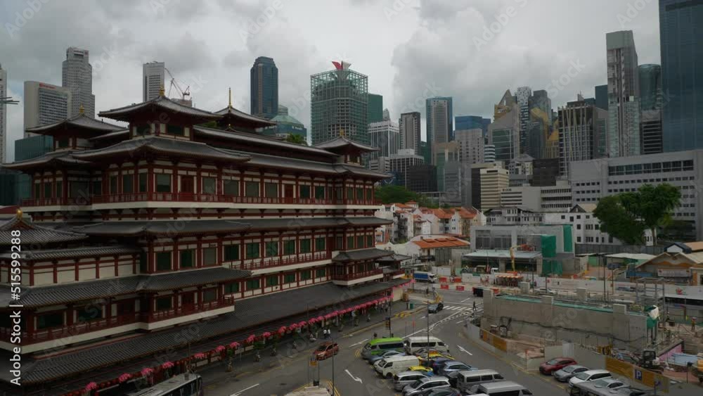 day time singapore city famous downtown temple street construction slow motion panorama 4k 