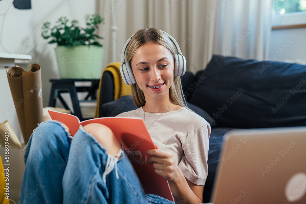 schoolgirl has online class from her home. online education concept schoolgirl has online class from her home. online education concept