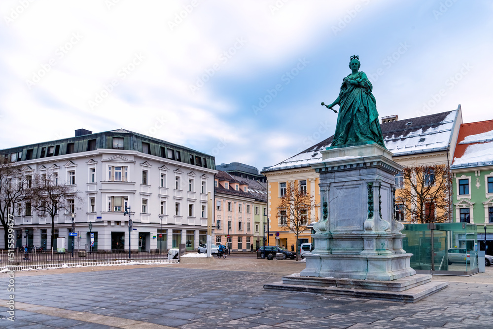Maria Theresia Monument on the New square (also known as Neuer Platz), symbol of Klagenfurt, Austria. Local Austrian landmark in Carinthia region.