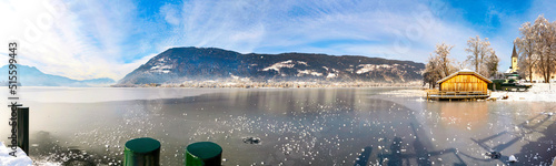 View of a dreamy winter landscape at the lake Ossiacher See in Carinthia, Austria. Blick auf eine verträumte Winterlandschaft am Ossiacher Sees in Kärnten, Österreich photo