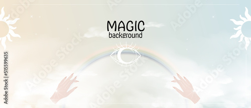 mystic magical astrology background template. light sunlight gradient sky and clouds, women hands creating rainbow. concept of esotery, spirituality