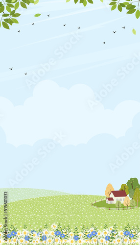Spring field with cottage house and cloud on blue sky,Cute cartoon rural landscape green grass with bee flying on flowers in sunny day Summer,Vector vertical background banner for Web or Mobile screen