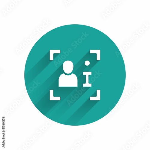 White Television report icon isolated with long shadow background. TV news. Green circle button. Vector