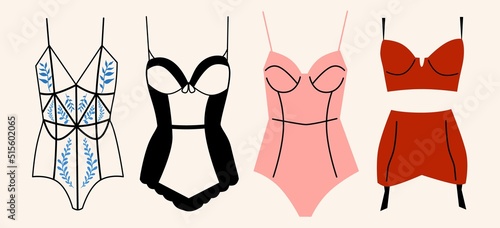 A large set of lingerie with lace and velvet. Fashionable handmade underwear.