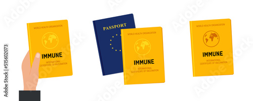 vaccination certificate against covid 19 in hand. Vaccine passport icon.