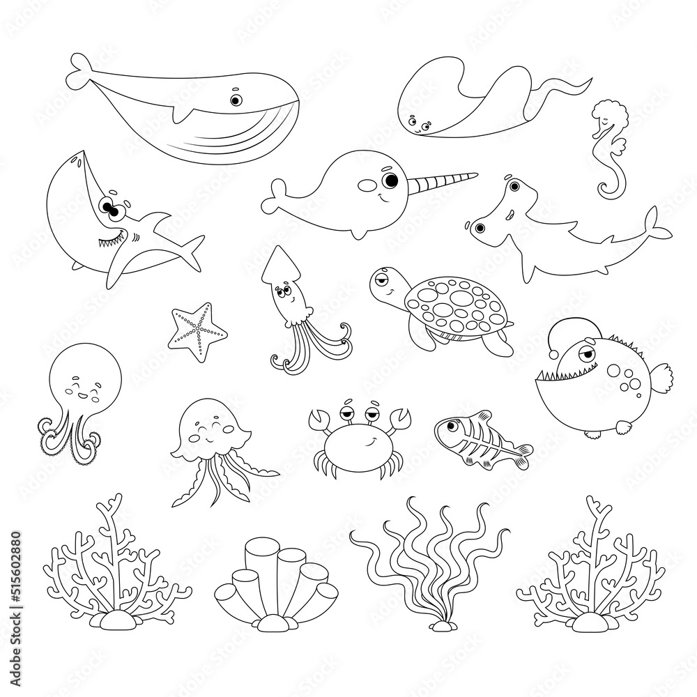 Set of cute sea creatures with corals on white background in line style