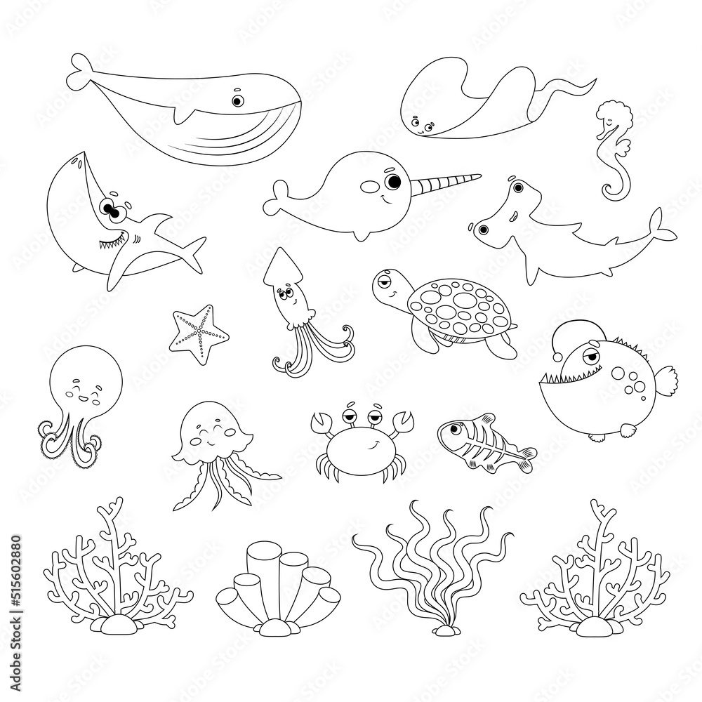 Set of cute sea creatures with corals on white background in line style Set of cute sea creatures with corals on white background in line style