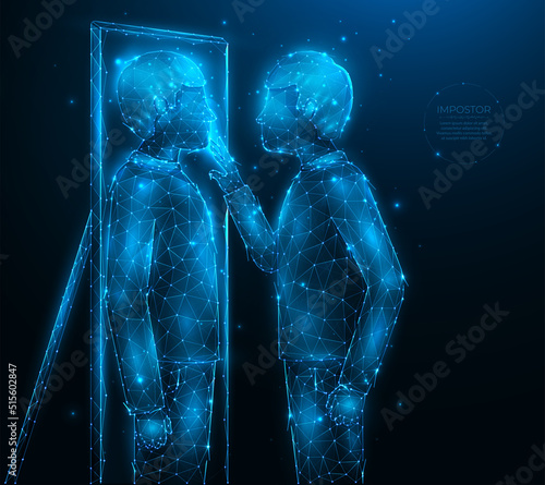 Vector polygonal illustration of a person who stands near a mirror and sees another person in the reflection. Imposter syndrome or schizophrenia, low poly design. Mental disorder concept.
