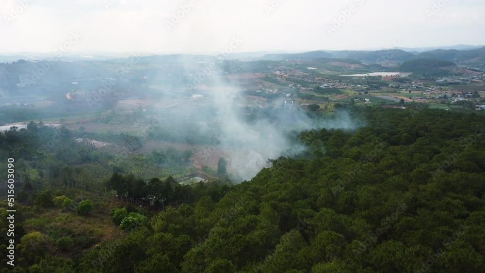 Tropical forest burning causing white smoke, aerial. Climate change, global warming concept Tropical forest burning causing white smoke, aerial. Climate change, global warming concept