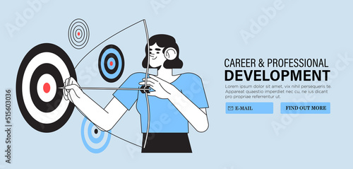 Business or career goals achievement or development concept. Businesspeople hitting target with arrow. Aim mission or challenge complete. Task solution. Cartoon flat vector illustration.