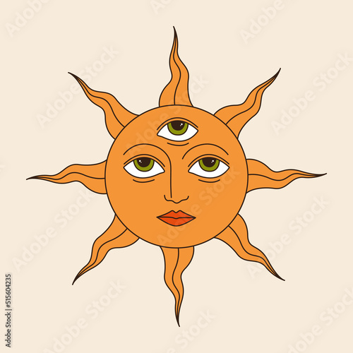 Retro groovy sun with three eyes. 60s and 70s vibes psychedelic vector clipart. Cartoon hippie oracle symbol. Vintage boho illustration. Abstract trippy art