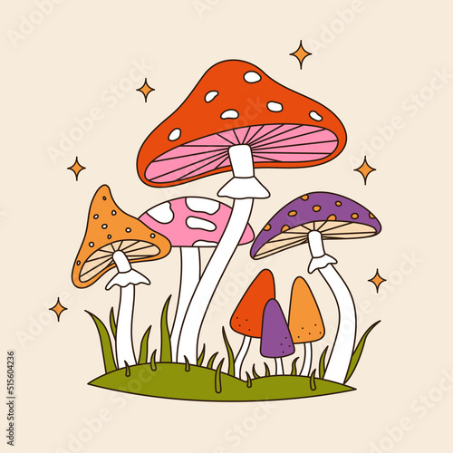60s and 70s vibes psychedelic clipart. Retro groovy mushrooms vector. Cartoon hippie mystic forest elements. Vintage boho illustration. Abstract trippy art