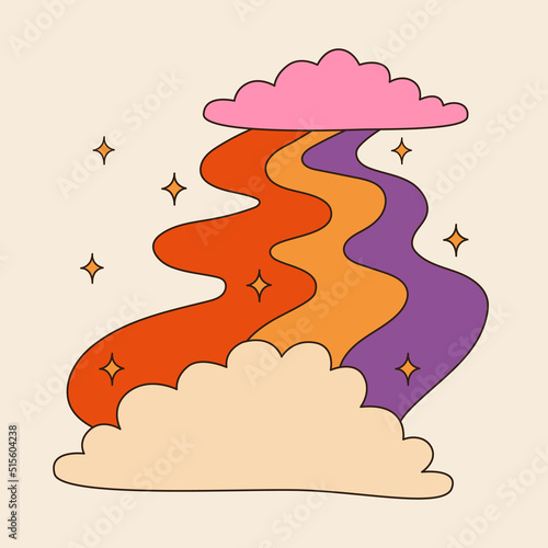 Retro groovy clouds with rainbow path. 60s and 70s vibes psychedelic vector clipart. Cartoon hippie sky. Vintage boho illustration. Abstract trippy art