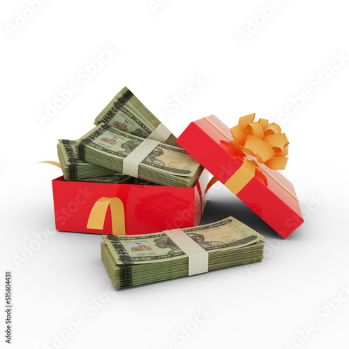 Stack of 100 Eritrean nakfa notes inside an open red gift box. Bundles of Eritrean nakfa inside a gift box. 3d rendering of money inside box photo