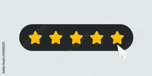 Five star rating, Rate us five star, Feedback concept with shadow effect isolated on grey background. Vector illustration.