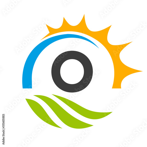 Letter O Agriculture Logo Vector Template. Agriculture Logo Concept with Green Field and Bright Sun Element