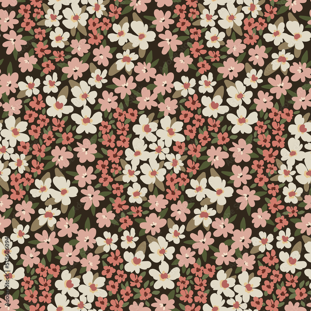 Seamless floral pattern, romantic ditsy print with small flowers in vintage style. Pretty botanical background with gentle meadow, tiny hand drawn plants, flowers, leaves on dark field. Vector.